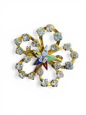 Order Of The Eastern Star Brooch Masonic Lapel Pin Clear Crystals Vintage 1”